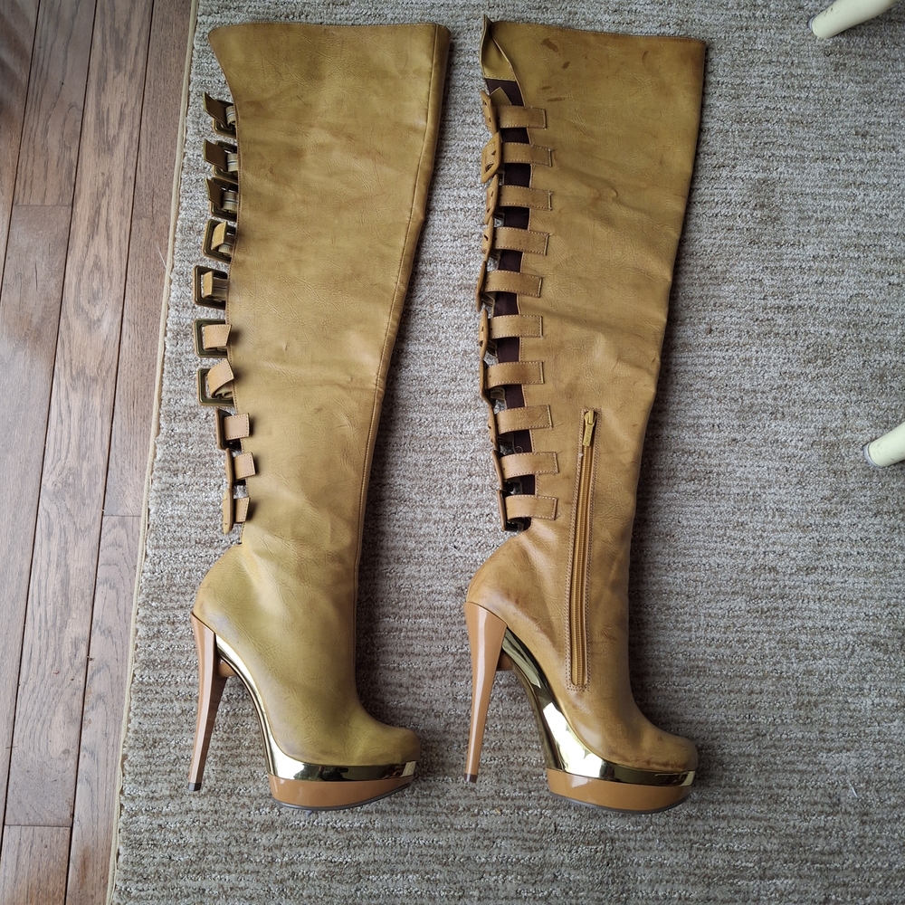Michael Antonio Elegant Tan Over-the-Knee Boots with Gold Accents, Size 6